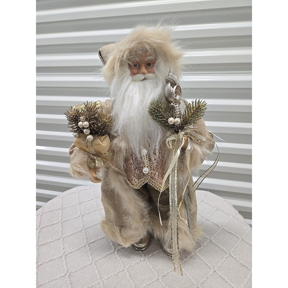 Pier 1 Imports 18" Old Fashioned Santa Figurine Gold Platinum Colors Faux Fur